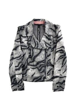 White House Black Market Jacket Womens 10 Gray Zebra Print Moto Biker Denim